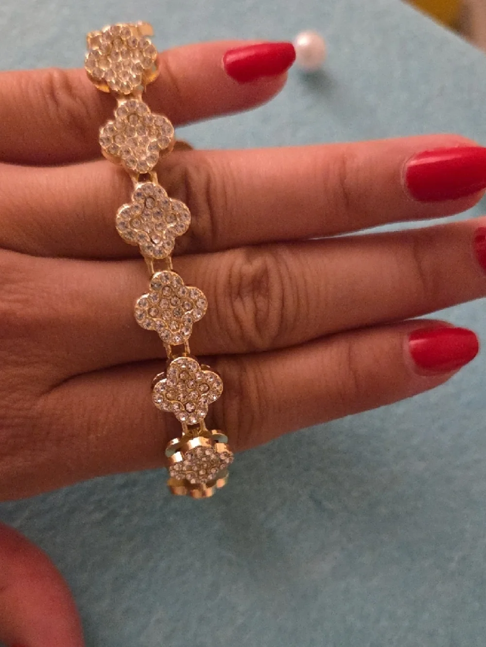 Crystal Pave Flower Link Bracelet - Gold Tone - Picture 3 of 3